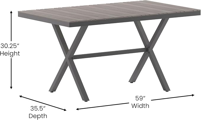 Flash Furniture Finch Commercial Grade X-Frame Outdoor Dining Table 59" x 35.5" with Faux Teak Poly Slats and Metal Frame, Gray/Gray
