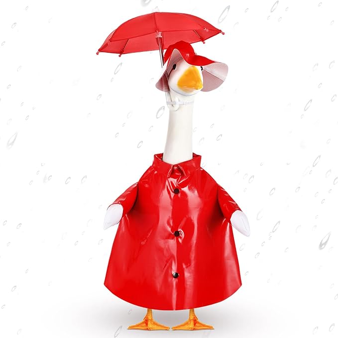 FuWeave Summer Baby Goose Outfit Raincoat and Umbrella for 17'' Lawn Porch Baby Goose Costume Plastic Raincoat Clothes for Summer Spring Outdoor Patio Yard Lawn Decoration(Red)