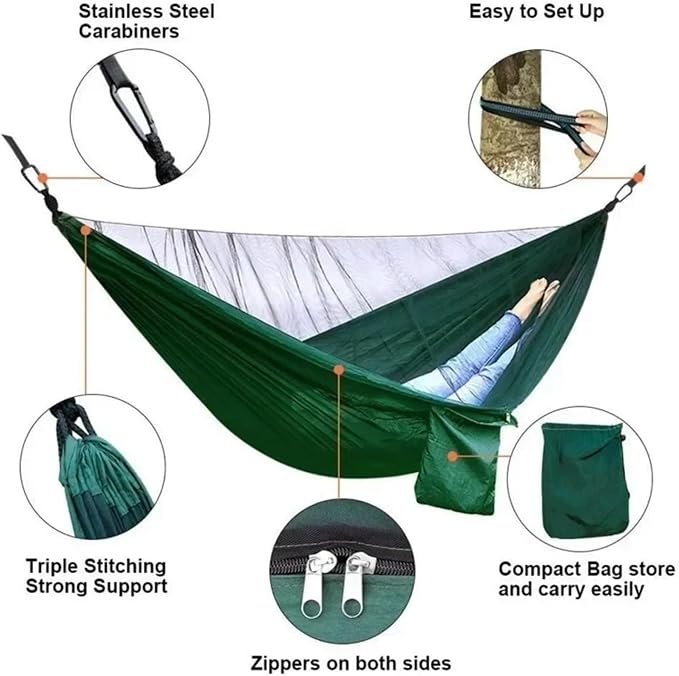 Hammocks, Camping Hammock with Mosquito Net Portable Parachute Strap Double Travel Hammock,Outdoor Backpacking Hammock Swing Chair,for Outside(Light Green and gree)