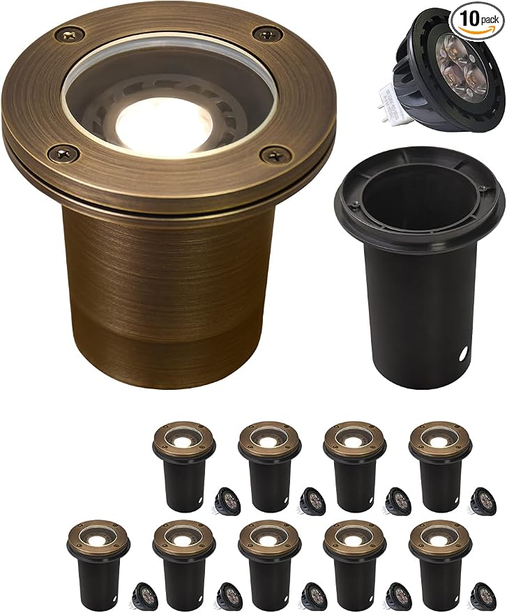 MALORY Brass Landscape Well Lights, (φ99 mm) 12V Low Voltage Outdoor In Ground Lights,Landscape Lighting for Pathway, Driveway, Garden 1 Pack with Bulb (Full Brass -01A, 10-Pack with Bulb)