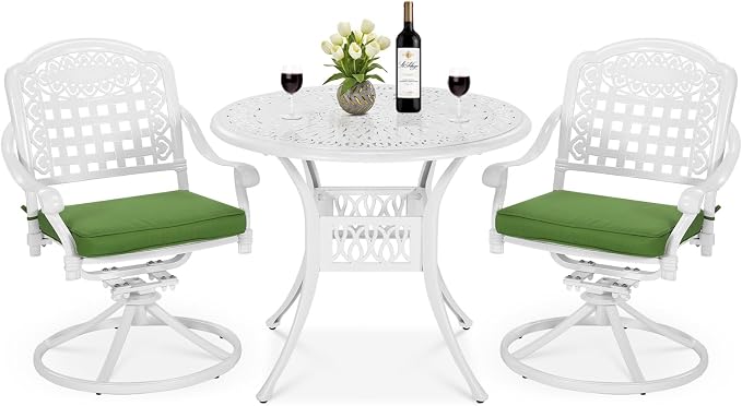 MEETWARM 3-Piece Outdoor Patio Dining Set, All-Weather Cast Aluminum Patio Conversation Set, 2 Cushions Swivel Rocker Chairs and 35.4" Round Table for Backyard Garden Deck, Umbrella Hole, White