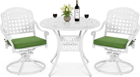 MEETWARM 3-Piece Outdoor Patio Dining Set, All-Weather Cast Aluminum Patio Conversation Set, 2 Cushions Swivel Rocker Chairs and 35.4" Round Table for Backyard Garden Deck, Umbrella Hole, White