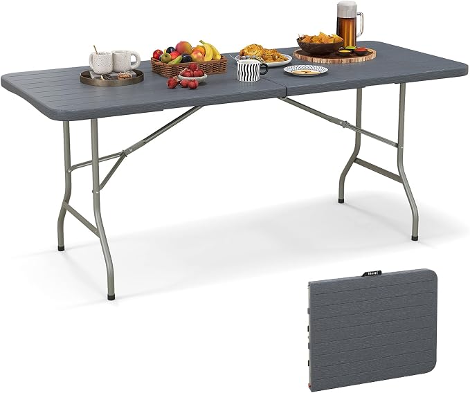 Giantex 6ft HDPE Folding Table, Outdoor Indoor Foldable Table with Metal Legs, Fold-in-Half Portable with Handle for Picnic, Camping, Banquet, Party Event (Gray)