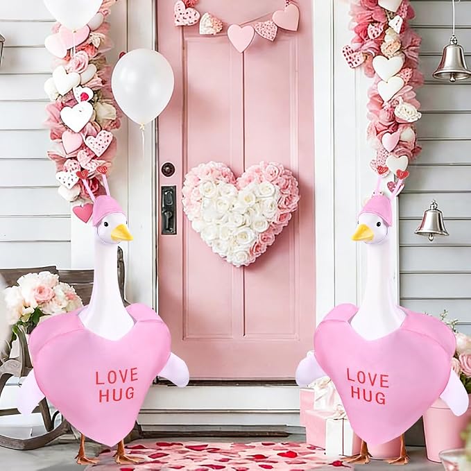 Valentine's Day Goose Outfit for 23" Porch Goose Holiday Pink Red Heart Cloths Costume Valentines Party Outdoor Garden Patio Yard Lawn Art Decoration(Love Hug)