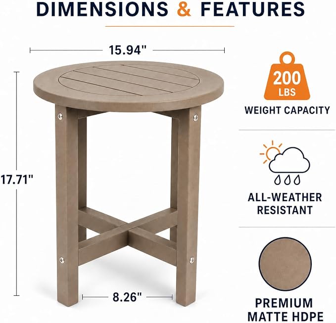 GDFStudio HDPE Outdoor Side Table, Small Patio End Table, All-Weather Round Accent Table for Porch Balcony Deck Poolside, Antique Brown