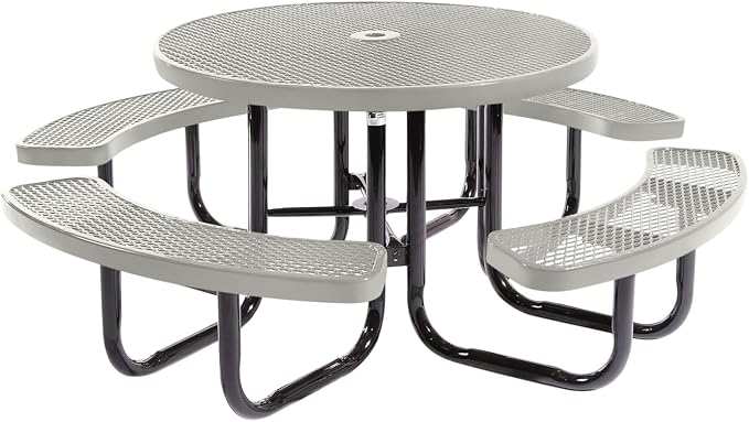 COATEDOUTDOORFURNITURE Heavy-Duty Portable Outdoor Picnic Table with Umbrella Hole, Expanded Metal Commercial-Grade Patio Dining Furniture Made in America (46" Round Top, Textured Grey)