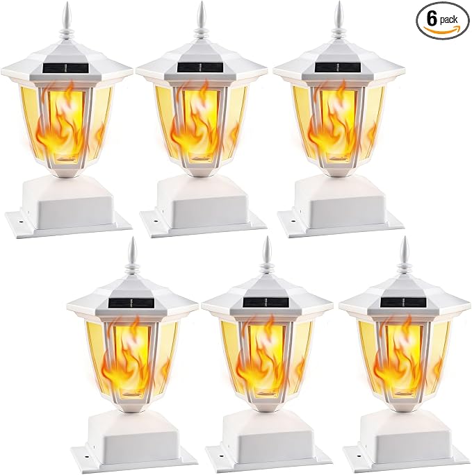 Dynaming 6 Pack Solar Flame Post Lights Outdoor, Solar Powered Lamps Fence Post Cap Lights, Flickering Flame LED Lantern Waterproof for Garden Deck Patio, Fit 4x4, 5x5 6x6 Wooden Posts, White Shell