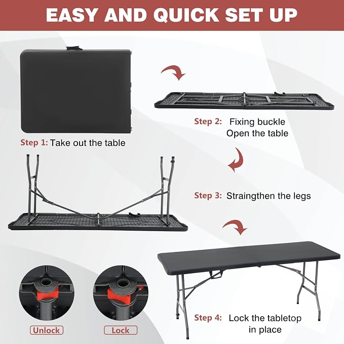 6FT Folding Table, Fold-in-Half Portable Plastic Table with Handle, Heavy Duty HDPE, 500 lbs Capacity, Waterproof & Scratch-Resistant, Locking Legs, Anti-Slip Feet for Indoor Outdoor Party Picnic