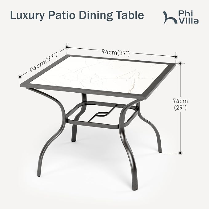PHI VILLA 37" Patio Table for 4, Metal Dining Table with Carbon Crystal Tabletop, All Weather Wrought Iron Outdoor Furniture for Deck, Backyard, Porch