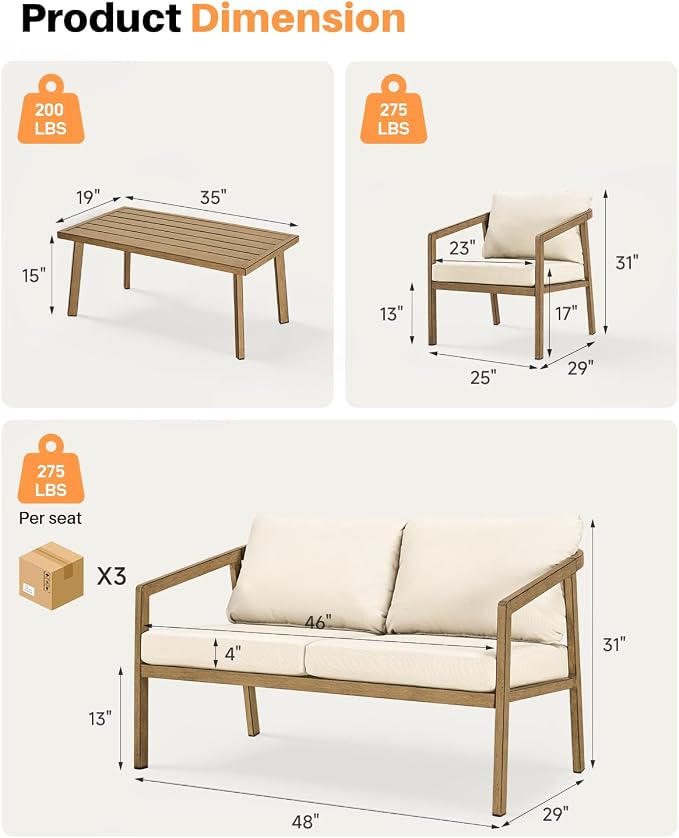 4 Pieces Outdoor Sofa Set, Never-Rust Aluminum Patio Conversation Set with Removable Cushions, Patio Furniture Set with Patio Loveseat, 2 Sofa Armchairs and Coffee Table for Pool, Deck, Teak