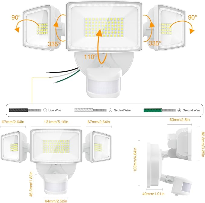 Onforu 75W LED Flood Light Motion Sensor Outdoor, 7000lm Dusk to Dawn Flood Light, Security Light with Three Head, IP65 Waterproof Exterior Floodlight, 6500k Wall Light for Entryway Stairs Yard Garage