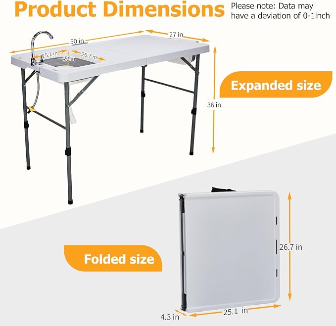 Vasitelan Folding Fish Cleaning Table,Folding Camping Kitchen Table with Sink & Sprayer,Collapsible wash Basin,Outdoor Sink Station with Hose, Camping Sink
