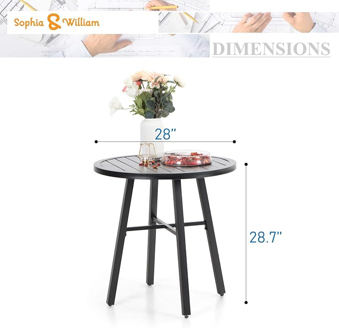 Sophia & William 28" Patio Outdoor Bistro Table, Round Black Metal Side End Table, Small Portable Coffee Dining Table,Outdoor Furniture Table for Garden, Porch, Balcony, Yard