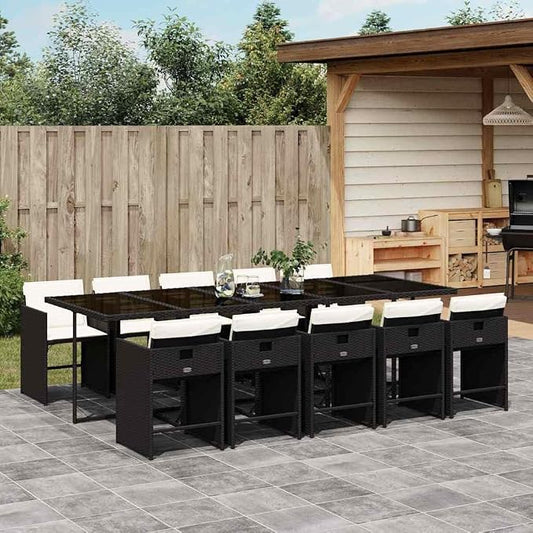 11 Piece Patio Dining Set, 10-Seater Poly Rattan Garden Furniture, Foldable Chairs with Cushions, Space Saving Cube Design, Black