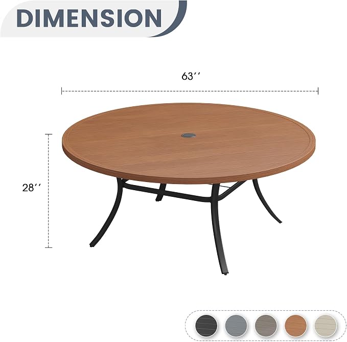 VICLLAX 63" Outdoor Patio Dining Table for 8-10, Metal Round Table with Umbrella Hole for Deck Lawn Garden Backyard, Walnut