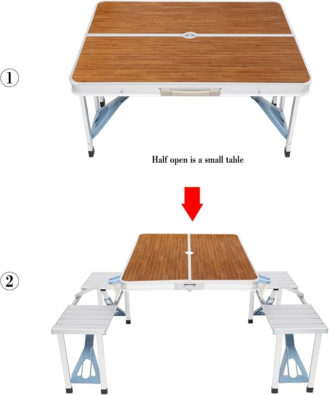 Folding Picnic Table with 4 Seats and Umbrella Hole, Portable Camping Picnic Table Set, Folding Lightweight Suitcase Card Table for Barbecue, Travel, Outing, Gathering