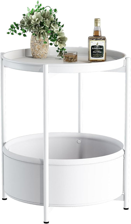 Garden 4 you Side Table with Fabric Storage Basket, Round Metal End Table, Small Bedside Table Nightstand with Removable Tray, for Nursery, Living Room, Bedroom, Bathroom, White