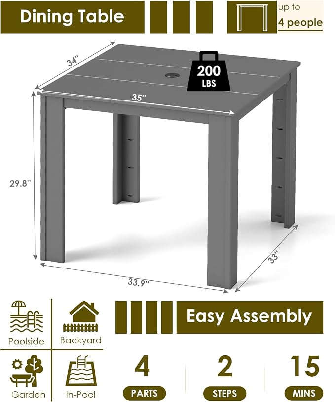 GREENVINES Outdoor-Dining-Table | 35” | HDPE | Patio Furniture | Square Tables for 4 | All-Weather | for Poolside Backyard Garden | Grey