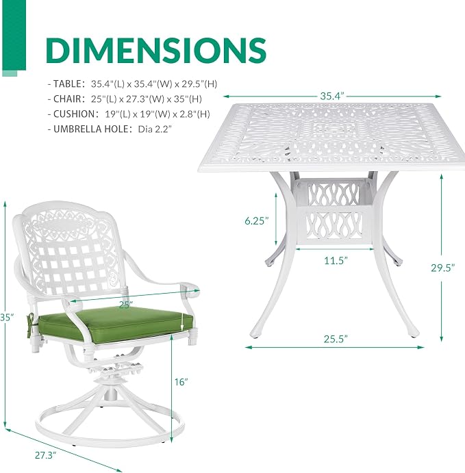 VIVIJASON 5-Piece Outdoor Patio Dining Set, All-Weather Cast Aluminum Conversation Set, Patio Furniture Set for Backyard, Include 4 Swivel Rocker Chairs, a 35.4" Square Table w/Umbrella Hole, White