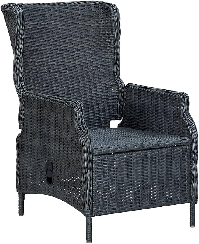 7-Piece Outdoor Dining Set Dark Grey Acacia Wood & PE Rattan Patio Furniture Set Rectangular Table Reclining Chairs for Garden Backyard Balcony