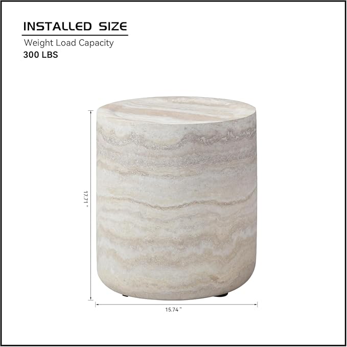 Faux Marble Round Side Table for Living Room Faux Stone Side Table End Tables Modern Travertine Circle End Tables for Apartment, No Need Assembly (Fiberglass-15.74'')