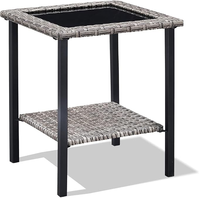 Patio Tables Wicker Side Table, Outdoor End Table with Storage Shelf, Patio Furniture Side Table for Sofa, Swivel Chairs, Garden, Balcony - Square/Grey