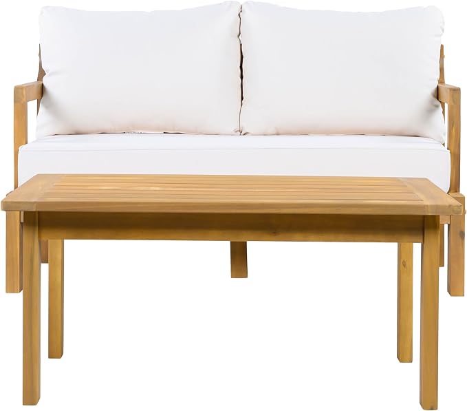 Christopher Knight Home Bayah Acacia Wood Outdoor Loveseat and Coffee Table Set, 2 Piece Patio Furniture Set with Water-Repellent Cushion, Solid Wood Outdoor Conversation Set, Beige+Natural
