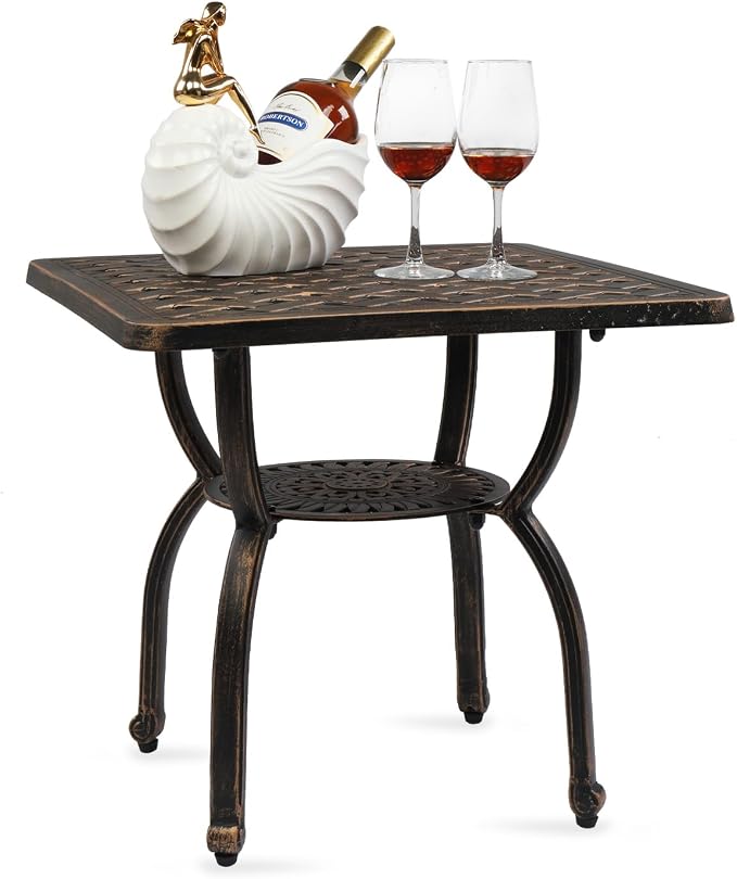 Outdoor Cast Aluminum Side Table,Cast Aluminum Outdoor Anti-Rust Patio Coffee Bistro Table for Indoor,Garden,Porch,Balcony(Square Antique Bronze)