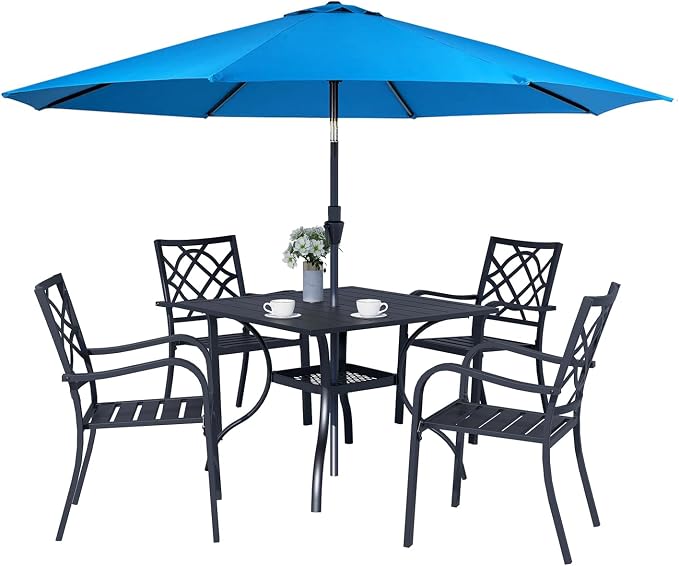 Crownland 5 Piece Outdoor Dining Set, Patio Metal Dining Sets, 4 Stackable Metal Chairs and Square Outdoor Dining Table with Sky Blue 9FT Round Outdoor Umbrella, for Backyard, Garden (Classic Black)