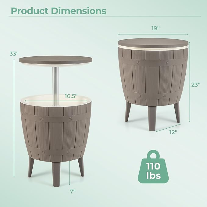 Moccha Outdoor End Table Cooler - 10 Gallon Cooler Side Table with Height Adjustable Tabletop, 3-in-1 Ice Bucket for Beer & Wine Storage, Cocktail Patio Bar Table for Deck Pool Backyard Party (Brown)