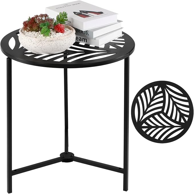 Extra-large Metal Side Table 17.7 Inches Heavy-duty Black Outdoor Patio Garden End Table Round Accent Corner Stand for Small Space Weather-resistant Coffee Table for Balcony Porch Plant Stand, Black