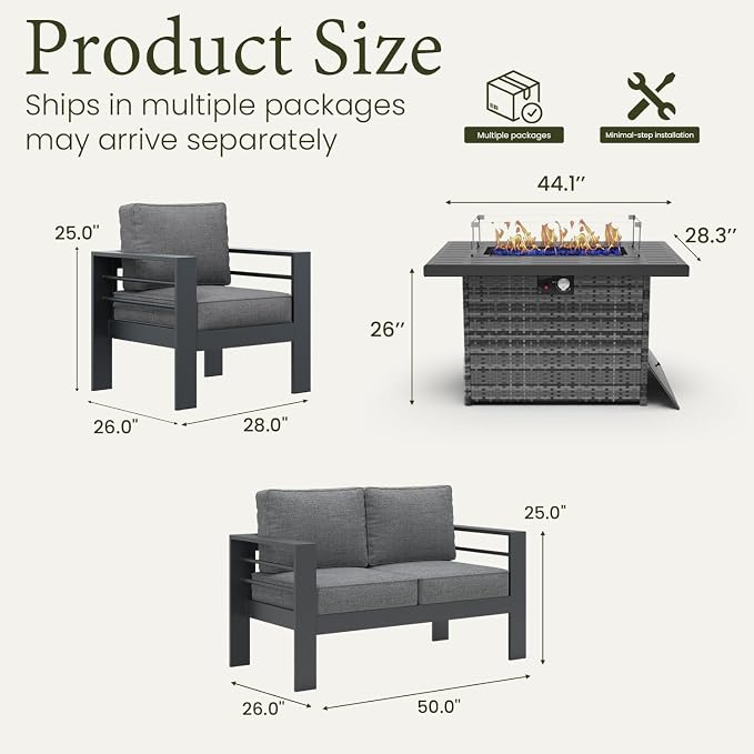 LayinSun Aluminum Furniture Set with Fire Pit Table, 4 Pieces Patio Sectional Conversation Chat Sofa Modern Seating Set