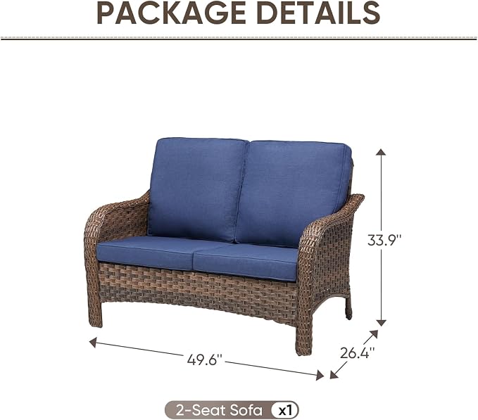 Outdoor Patio Loveseat, All-Weather Hand-Woven PE Wicker 2 Seat Sofa with Thick Cushions, High Back & Deep Seat, Ergonomic Design for Porch, Deck, Balcony, Garden, and Backyard(Blue)
