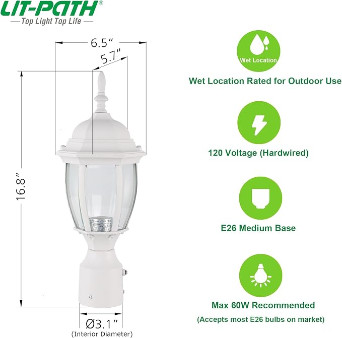 Outdoor Post Light Dusk to Dawn, Rustproof Aluminum, White | Exterior Lamp Post Light Fixture for Garden, Yard, Pathway, Waterproof, Glass, E26 Base, Max 60W