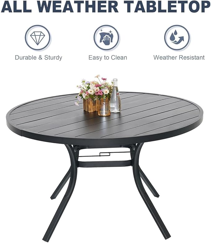 Anmutig 7 Piece Patio Dining Set 48 Inch Round Table Stackable Chairs Grey | Powder-Coated Steel Frame, Quick-Dry Textilene Mesh, Dual-Size Umbrella Hole, Weather Resistant, Patio, Garden, Backyard