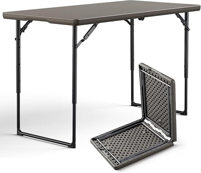 4ft Folding Table, Foldable Picnic Table Portable Table for Indoor Outdoor Use Heavy Duty Plastic Table Camping Table for Party, BBQ, Khaki