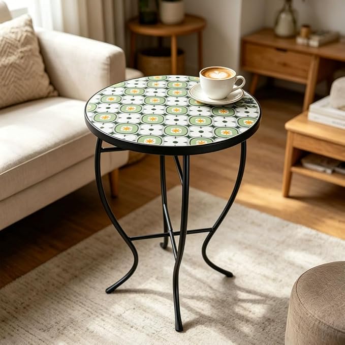 14 Inch Mosaic Patio Side Table with X-Curved Legs, Indoor Outdoor Accent Round End Table with Ceramic Tile Tops for Yard, Garden, Living Room, Bistro, C - Granny Square