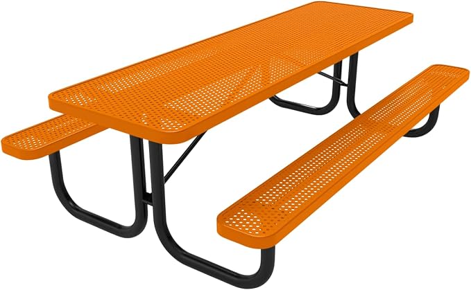 COATEDOUTDOORFURNITURE Heavy-Duty Portable Outdoor Picnic Table, Thermoplastic Coated Punched Steel Commercial-Grade Patio Dining Furniture Made in America (8ft Rectangular, Orange)