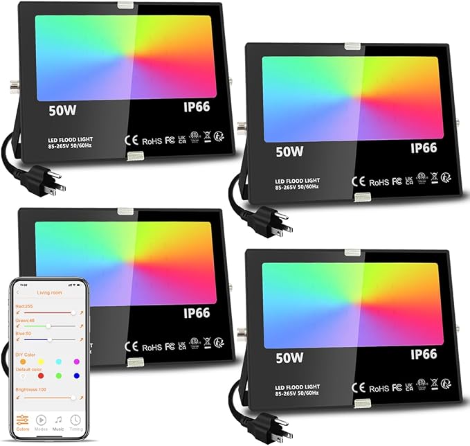 LED Flood Light Outdoor, 500W Equivalent 5000LM Smart RGB Landscape Lights | APP Control, DIY Scenes - Timing - Warm White 2700K - Color Changing Uplight, IP66 Waterproof US Plug (4 Pack)