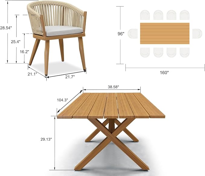 PURPLE LEAF 11 Pieces Outdoor Dining Set with Patio Aluminium Dining Table and Wicker Chairs Modern Furniture Cushions Sets for Backyard Indoor Decor Kitchen Teak