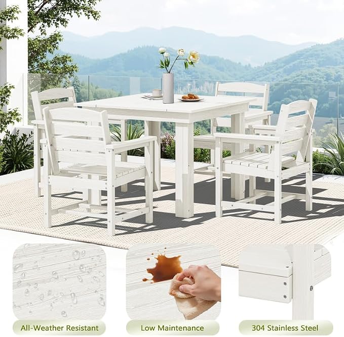 KINGYES HDPE Outdoor Dining Set for 4 with Umbrella, 6-Piece Square Patio Table & Armchairs, All-Weather for Backyard, Garden, Lawn & Poolside, White