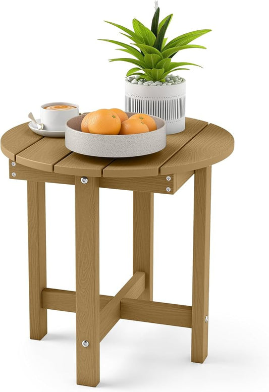 Tangkula Round Outdoor Side Table, Adirondack Side Table with Weather-Resistant, Waterproof Top, Small Outside End Table for Patio Deck Pool Porch, Easy Maintenance (Brown,1)