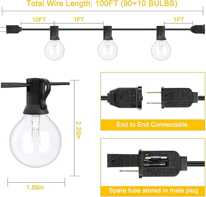GOOTHY Outdoor String Lights, 100Ft G40 Globe Patio Lights Waterproof with 100 Warm White Bulbs, Connectable Hanging Backyard Light for Outside Garden Balcony Holiday Party Decor-Black