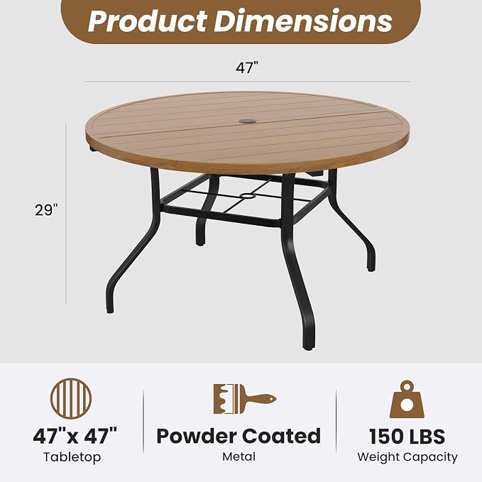 HRVEOCEI 47" Outdoor Round Table with Umbrella Hole, Metal Patio Dining Tables for Lawn Garden, Wood-Like Grain Bistro Table Outdoor for Backyard,Poolside,Deck,Por (Black+Natural, Round)