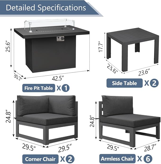 RADIATA 11 Pcs Modern Aluminum Outdoor Patio Furniture Set with Firepit Table & Side Table, Extra Large All-Weather Modular Sectional Couch, 29" Wide Deep Seating Conversation Sofa for Deck, Dark Grey