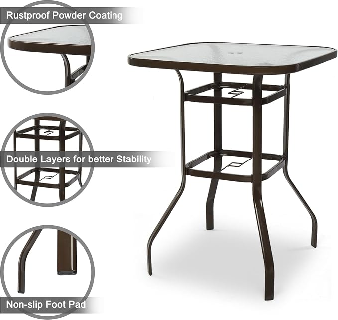 Bonnlo Patio Bar Table with Umbrella Hole, Metal Outdoor Pub Table, High Top Bistro Table for Deck