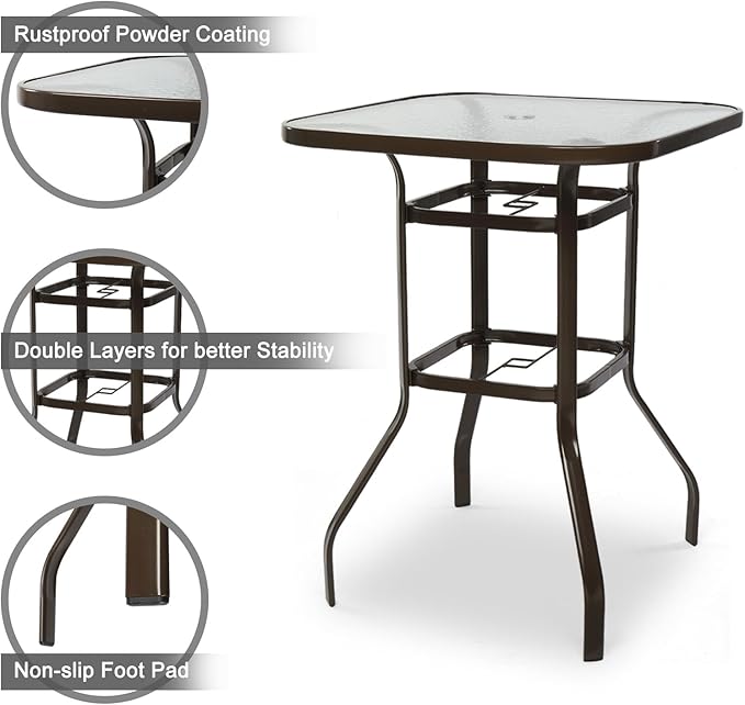 VINGLI Patio Bistro Table with Umbrella, 31.5" Square Outdoor Metal Beer Set with 40.3" Tall Glass Top, 7.5FT Tilt Crank Umbrella with Water-Resistant Fabric for Garden Pool Deck (Gray)