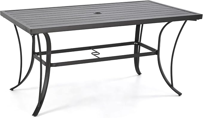HAPPATIO Patio Dining Table for 6, Metal Steel Slat Patio Dining Table with Umbrella Hole Dia 2", Black Brown (60" x 35" x 28.5")