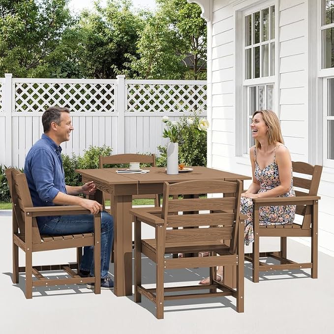 KINGYES HDPE Outdoor Dining Set for 4 with Umbrella, 6-Piece Square Patio Table & Armchairs, All-Weather for Backyard, Garden, Lawn & Poolside, Brown