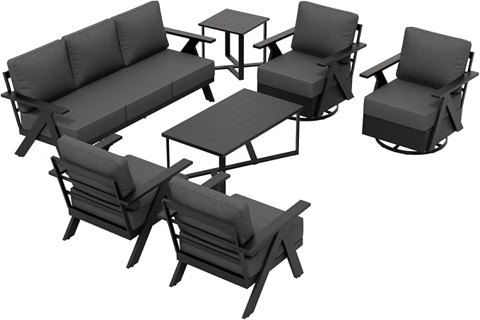 COOS BAY Iron Luxe 7 Piece Outdoor Patio Furniture Set, Modern Patio Conversation Set with Patio Chairs, Swivel Chairs, a 3 Seat Couch, Coffee Table & Side Table for Deck, Garden, Porch, Black/Gray